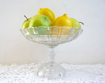Vintage French Compotier, Footed Fruit Dish, Pressed Clear Glass Pedestal Plate or Cake Stand.