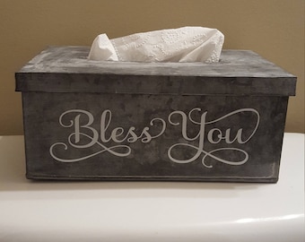 PRE-ORDER NOW! Tin Metal Tissue Box Holder with Lid - Bless You on the Front