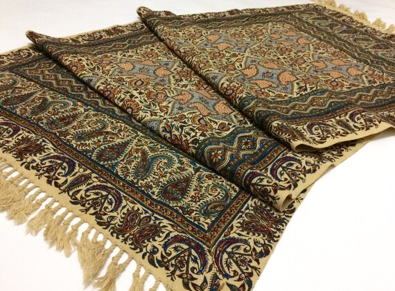 hand printed 60" inches Table runner , traditional handmade tapestry , natural dyes with tassels