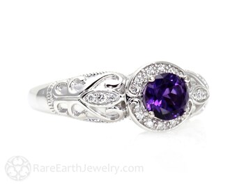 Vintage Amethyst Ring Amethyst Engagement Ring Diamond Halo Art Nouveau Purple Gemstone Ring February Birthstone