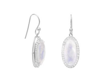 Oblong Rainbow Moonstone Earrings with CZ Edge