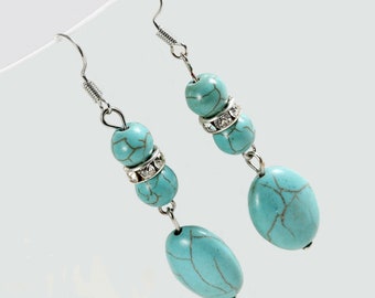 Long Blue Turquoise Earrings, Long Drop Earrings, Silver Earrings, Bohemian Earrings, Natural Stone Earrings, Mother's Day