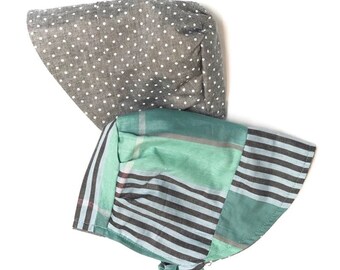 UB2 LUMINOUS soft, thread-woven cotton reverses to grey gray polka dot dotted chambray on this infant toddler sun hat, Urban Baby Bonnets