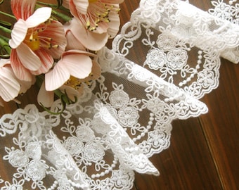 Cotton Lace Fabric Trim - Retro Off White Floral Flower Scallop Net Lace Fabric Cloth TRIM 3.5 Inches 2 yards - Avina