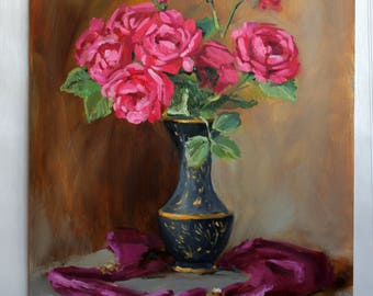 Pink red roses Original painting art Roses bouquet art Flowers oil painting Gift ideas for women Rose still life Hand painted Flower in vase
