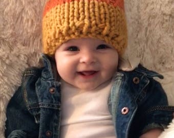 Fall Knit Hat,Baby Hat,Kids Hat,Womens Hat,Candy Corn Hat,Hand Knit Hat,Chunky Knit Pom Hat,Fall Fashion,Mommy and Me