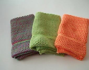 Dishcloths Knit in Cotton, Wash Cloth, Dish Cloth, Cotton Dishcloth, Lime, Apricot, Bright Yellow