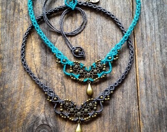 Flowers necklace Macrame boho chic choker antique brass tone bohemian micro macrame jewelry by Mariposa