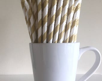Gold Bendable Paper Straws Gold Khaki Tan Striped Party Supplies Party Decor Bar Cart Cake Pop Sticks Mason Jar Straws Party Graduation