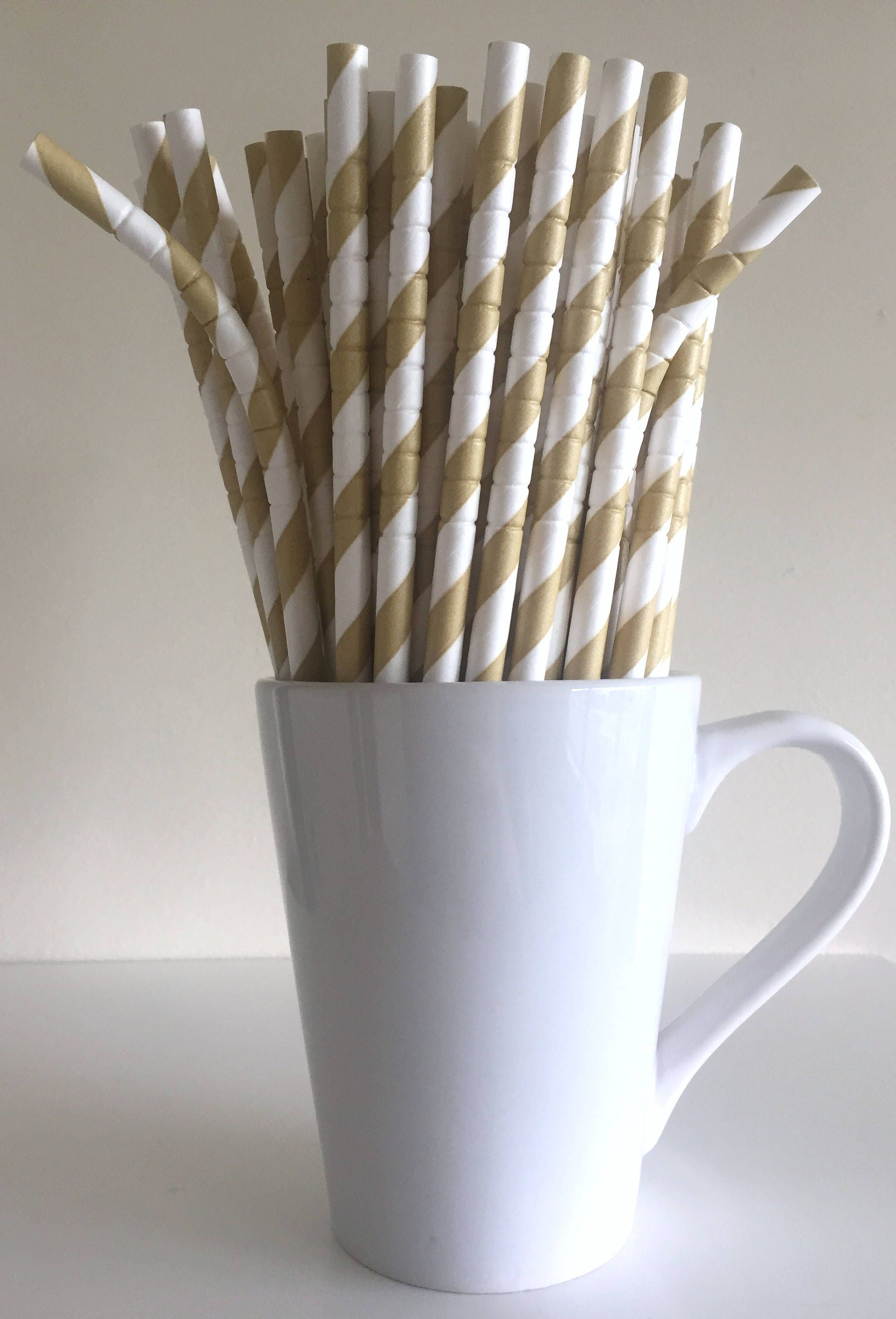 Gold Bendable Paper Straws Gold Khaki Tan Striped Party
