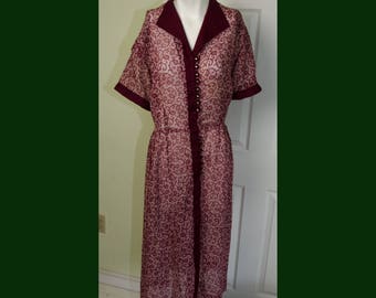 Vintage 1940's Woman's Cotton Voile Print Dress with Rhinestone Buttons Large