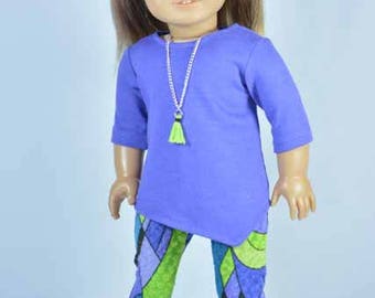 Tunic SWEATER Top Periwinkle Blue Purple with Multicolor LEGGINGS with Necklace and SHOES Option for American Girl or 18 inch Doll