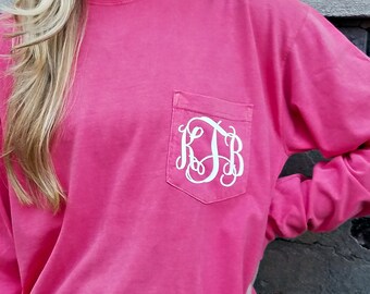 Comfort Colors Long Sleeve Monogrammed Pocket Tee Shirt (V)