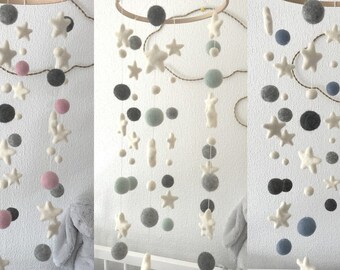 Baby mobile,felt ball baby mobile,mint room,nursery mobile, crib mobile, baby felt mobile, felt star mobile, nursery decor, pink baby mobile