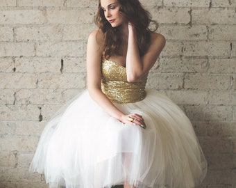 Sequin Sweetheart Strapless Tea Length Ivory and White Tulle Party Dress - Étoile by Cleo and Clementine