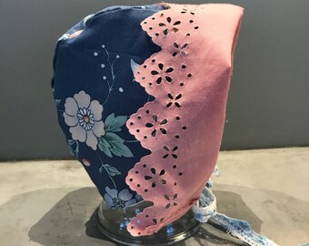 Blue and pink floral sunbonnet | baby bonnet | 18-24 months | baby girl | toddler | vintage