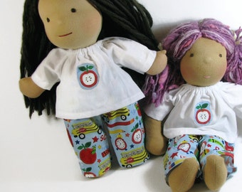 14, 15 inch Waldorf Clothes, school print pants and white apple patch top, doll clothing