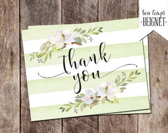 Printable Thank You Card - Magnolias and Green Stripes - 5.5"x4.25"