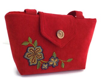 FLORAL APPLIQUE - Cherry Red Corduroy - Wayfarer Purse - Embroidery - Vegan Shoulder Bag - Spring