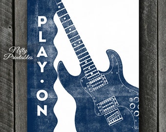 Guitar Print - INSTANT DOWNLOAD Guitar Art - Vintage Guitar Poster - Guitar Wall Art - Guitar Gifts - Blue Guitar Music Decor - Music Print