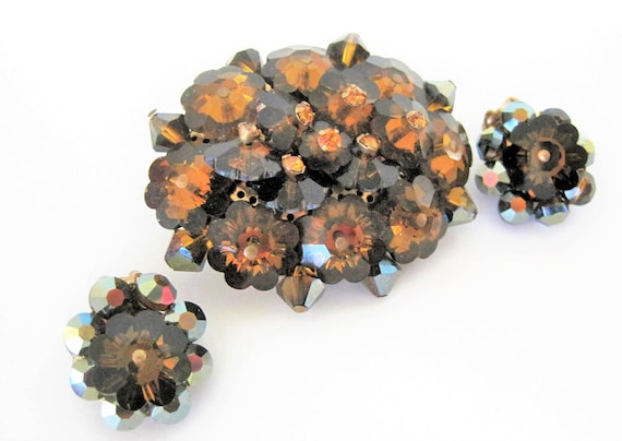 Margarita Rivoli Brooch Set, Amber Crystal Bead Highlights, Floral Rivoli Cluster Pin