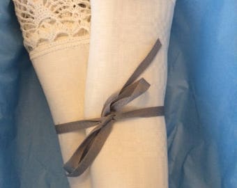 Set of 2 hand made white linen towels with crochet borders