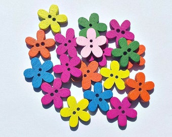 20 Wooden Flower Buttons - Flower Buttons - Colorful - Flower Shaped Buttons