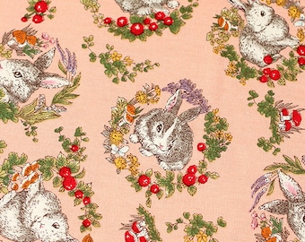 Wreath Rabbits - Pink Background - 100% Cotton Fabric - 110cm/43" Wide - 1/2 yard - more for one cut