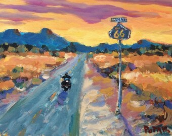 Route 66' original painting, southwest art, motorcycle on highway into sunset, in desert, with setting sun, Russ Potak artist