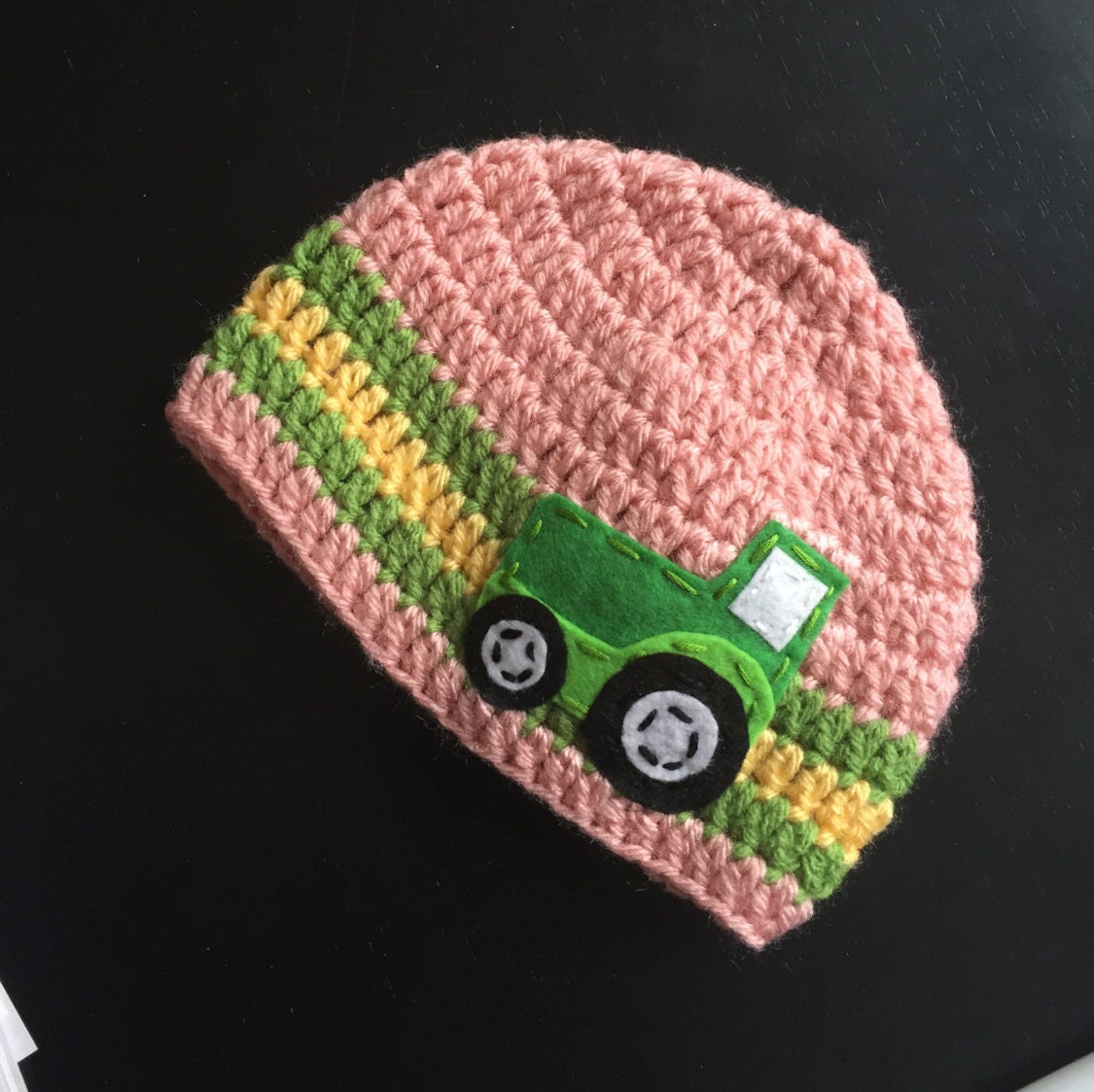 Tractor Crochet Girl Hat with felt appliqué Tractor Baby Hat