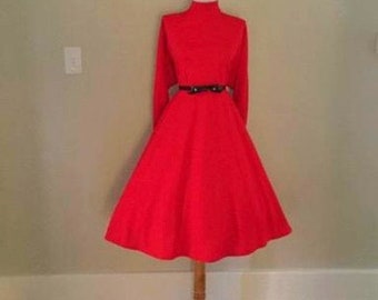 Vintage 1980s 1990s Red Knit Mock Neck Turtleneck Dress | Rockabilly SECRETARY Shirt Dress | Long Sleeve Red Full Skirt Day Dress | Large