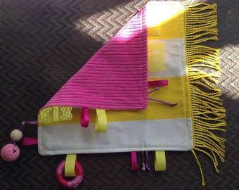 FREE SHIPPING - HANDMADE Yellow, white and Pink fabric Tactile/ Sensory Baby toy/ teether, ribbons, lace, beads, fringe, bright
