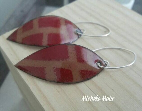 Flame Red and Chamois Enamel Copper Leaf Earrings with Sterling Silver Ear Wires