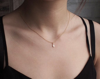 Dainty CZ Drop Necklace, Minimalist Necklace, Simple Layering Necklace in Sterling Silver #D62
