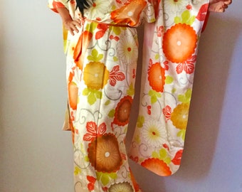 Silk Kimono Robe - Furisode - Wedding Robe - Vintage Kimono - Silk Robe - Kimono Robe - Kimono Dress - Bridal Robe - Hand Painted - Kimono