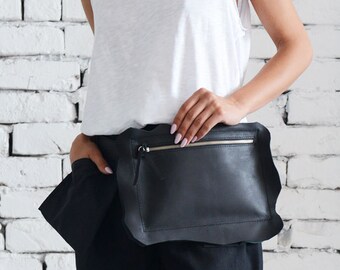 Genuine Leather Black Clutch/Extravagant Mini Bag/Black Leather Tote Bag/Black Clutch Bag/Casual Handbag/Zipper Leather Party Bag/Mini Bag
