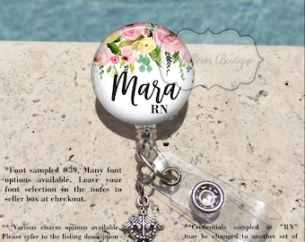 Retractable Badge Holder, Blush Watercolor Floral Personalized Badge Reel, Name Badge Reel, Nurse Badge Reel, Badge Holder, MB458