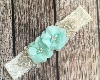 Aqua pink headband, rhinestone headband, flower girl headband, vintage headband, lace headband, rhinestone and pear, flower girl