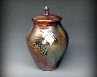 Raku Urn with Chickadee in Metallic Iridescent Colors