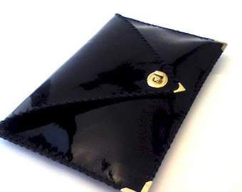 Sac en cuir fait à la main / pochette en cuir verni noir / enveloppe trousse / pochette en cuir en noir