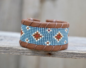 Seed Beaded Bracelet . Leather . Antique Button . South Western . Czech Glass Handmade .