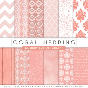 Coral Wedding digital paper, Bridal patterns for wedding invite, save the date cards, scrapbooking Commercial Use floral, lace.