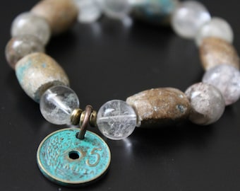 SALE Originally 49.00 Now 39.00 - Gemstone and brass coin charm bracelet, boho stretch old stones bracelet , primitive tribal bracelet