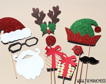 Holiday Props - DELUXE 10 piece set - GLITTER Photo Booth Props - Santa and Friends - Family Holiday Photos