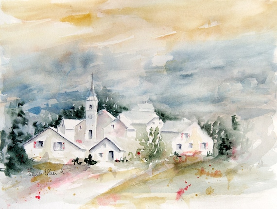 Aquarelle Originale De Village Dans La Campagne Française Avec