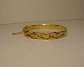 Etched Gold Tone Hinged Bangle Bracelet
