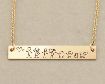 Custom Gold Bar Name Necklace, Stick Figure Family, Engraved Bar Necklace, Engraved, Monogram Necklace, Stick Figure Family, Valentines Day