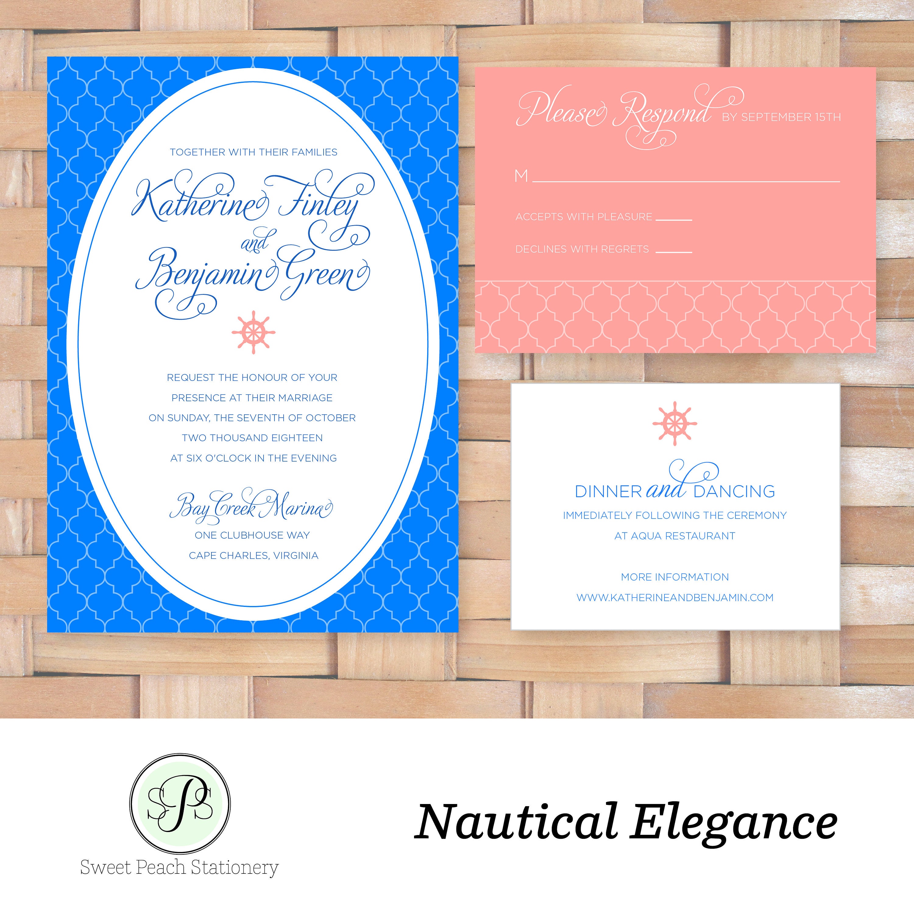 Nautical Blue and Coral Wedding Invitation Suite Made to