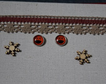 Studs, smiley face, emoticon, red glass