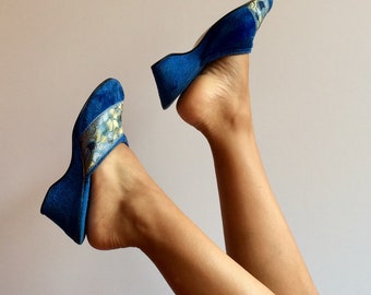 70s Royal Blue Vintage Velveteen Slippers size 38